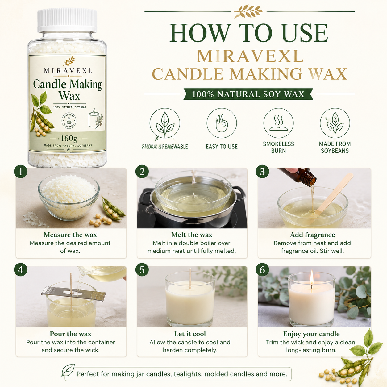 MIRAVEXL Soy Candle Wax 160g o - Soy Wax Flake 评论和价格